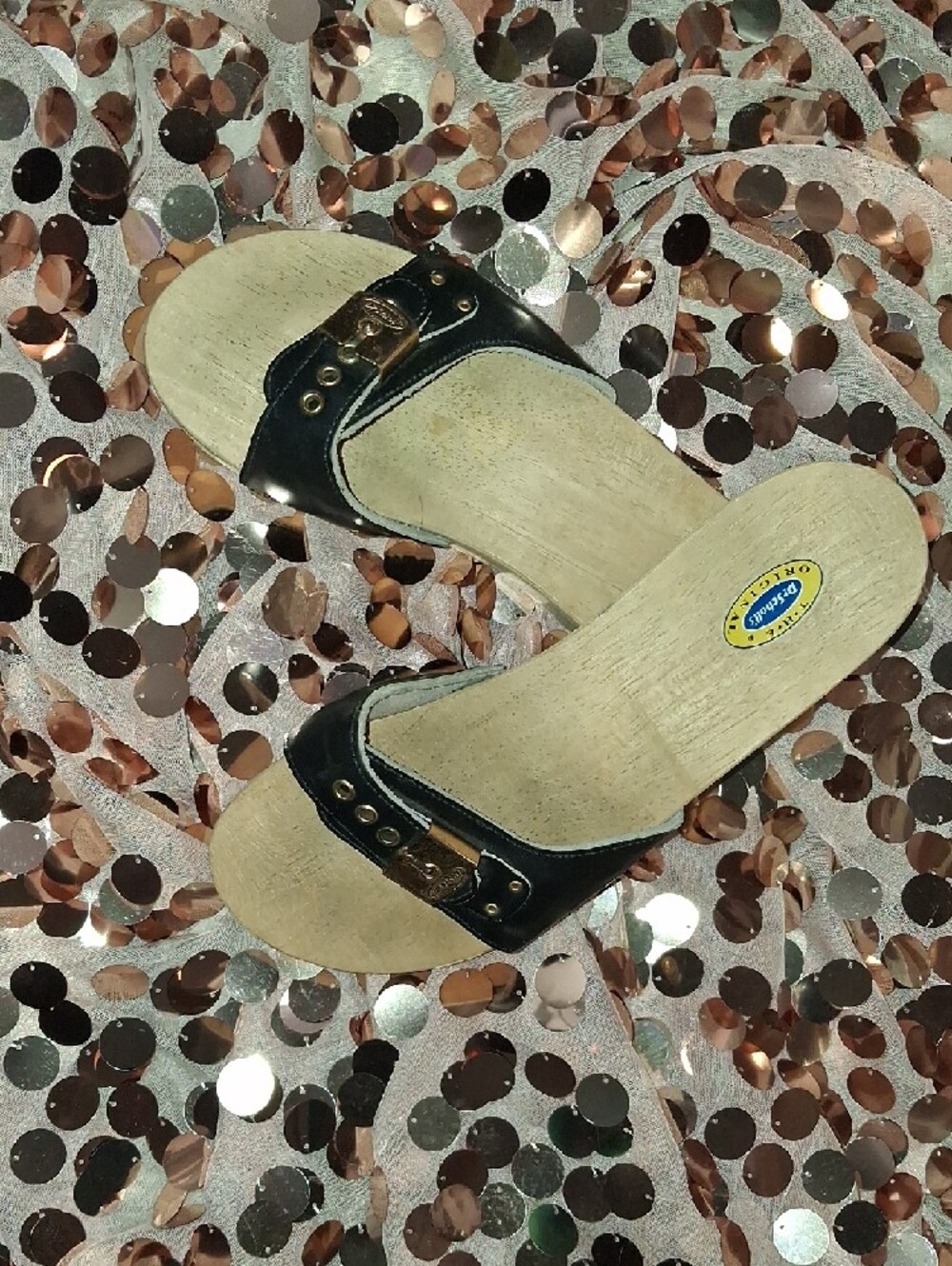 Dr. Scholl's Vintage Navy Classic Mules with Functional Gold Buckle Enclosure - Picture 10 of 10